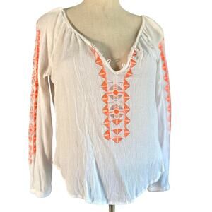 Womens Top Size Small White Orange Hippy Western Boho Cottage Flowy Cowgirl Work